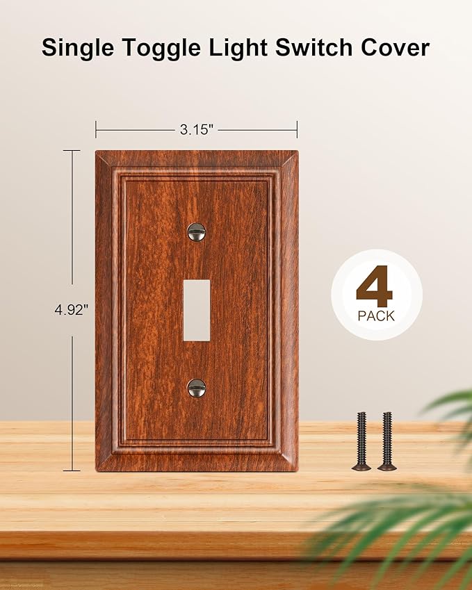 4-Pack Single Toggle Light Switch Cover Plate, Durable Natural Bamboo Fiber Decorative Switch Plate Covers, Wood Grain 1 Gang Wall Plate, Corrosion Resistant