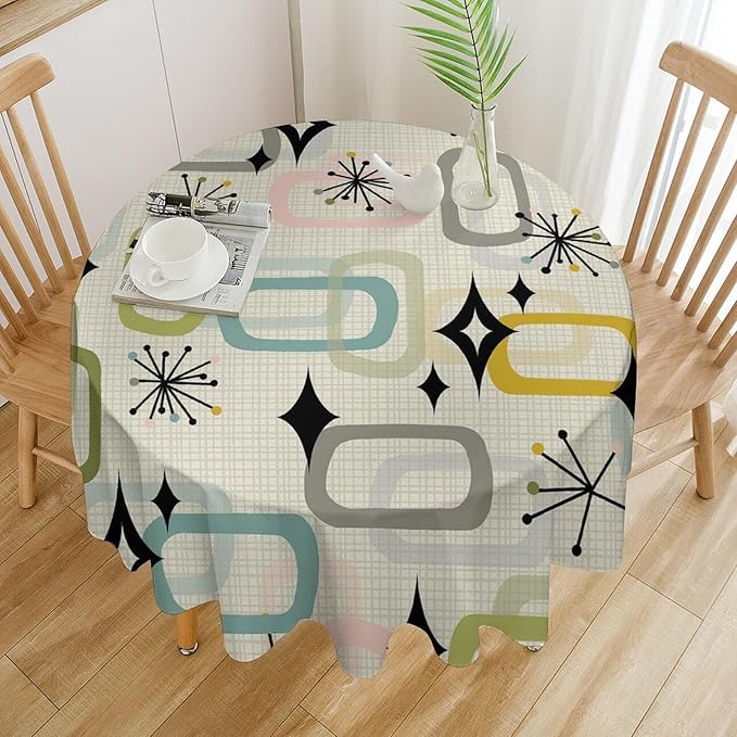 Mid Century Modern Round Tablecloth, Geometry Bohemian Retro Abstract Tablecloth for Home Party Dining Room Kitchen Decor 70Inch(178cm)