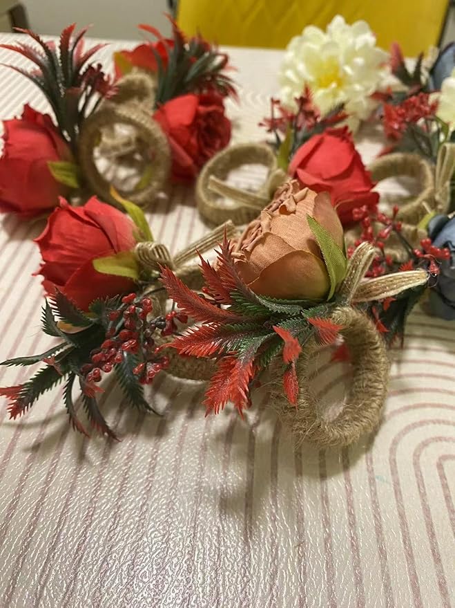Floral Napkin Rings Set of 6,Rustic Rose Napkin Rings Flower Dinner Napkin Holder for Table Decoration (26#Pink)