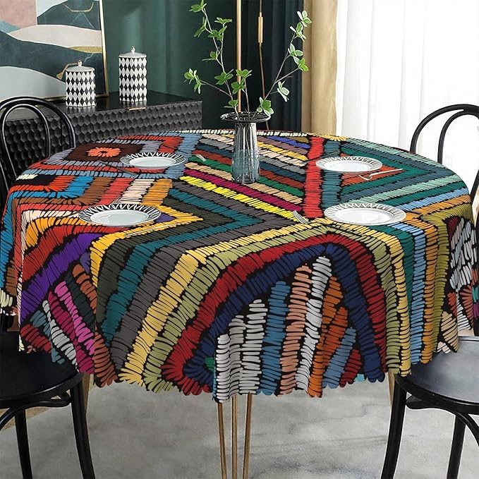 Laeacco 48 Inch Colorful Patchwork Round Tablecloth Woven Geometric Pattern Abstract Art Print Table Cloth Washable Waterproof Wrinkle Free Table Cover for Kitchen Dining Picnic Party Decoration