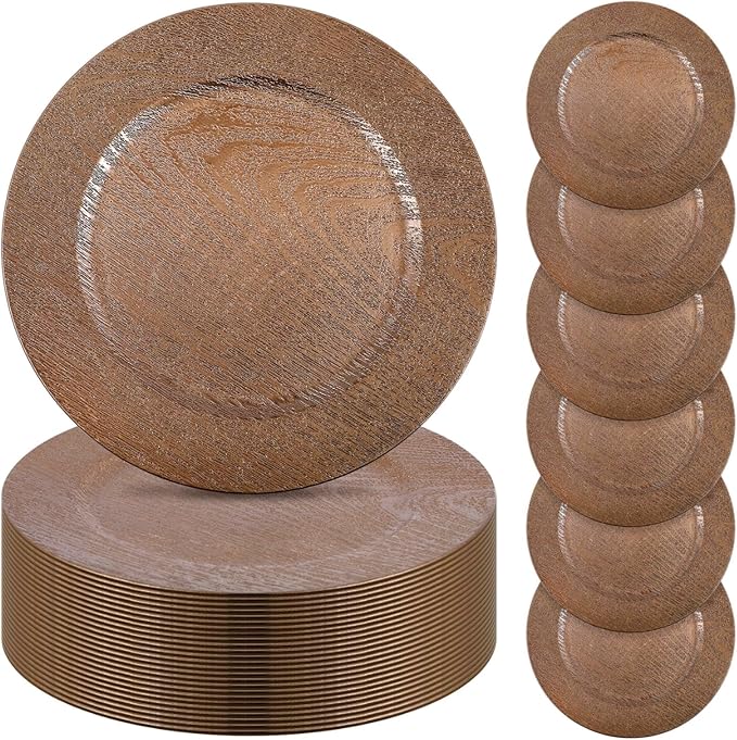 Mifoci 50 Pcs Faux Wooden Charger Plates 13 Inch Round Rustic Plastic Plates Antique Design Bulk Decorative Chargers for Dinner Tray for Wedding Dinner Table Farmhouse Party Event(Brown)