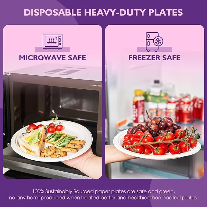 Compostable Paper Plates 10 Inch 150 Pack, Biodegradable Disposable Plates Heavy Duty White Plates, Made of Natural Sugarcane Bagasse, Unbleached Round Dinner Plates
