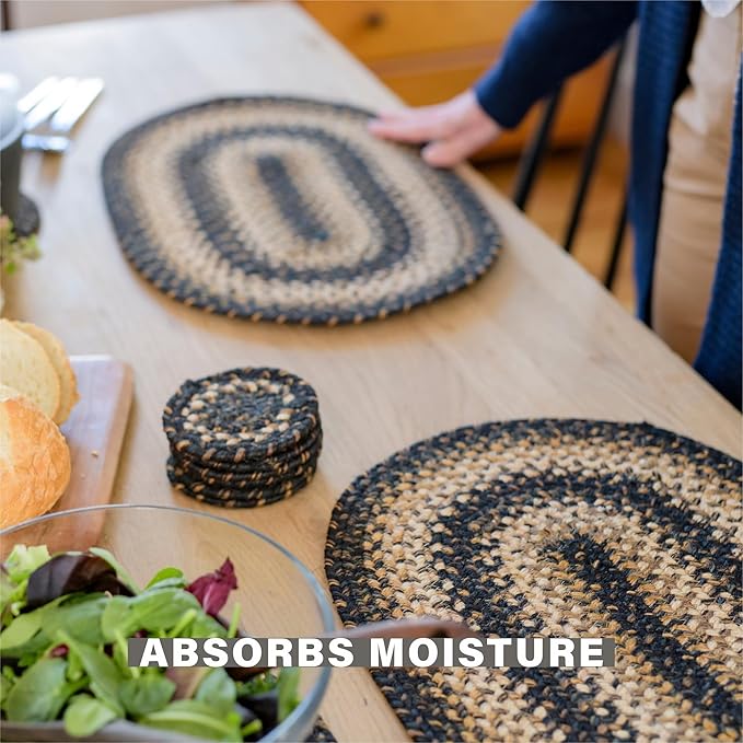 Homespice Kilimanjaro Jute Braided Rope Coasters 4", Warm Primitive Decor, Set of 6, Black and Tan - Durable, Absorbs Moisture, Easy to Clean and Protects Furniture