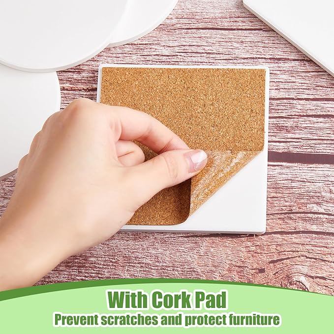 Zopeal 48 Pcs Ceramic Tiles for Crafts Coasters Include Unglazed White Ceramic Tiles with Cork Backing Pads Use with Alcohol Ink Acrylic Pouring for DIY Project Gift (Square)