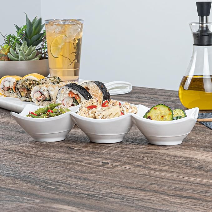 Restaurantware Voga 8.5 Ounce Divided Serving Dishes 10 Square Condiment Serving Dishes - 3 Compartments Serve Appetizers Snacks Dips Or Dressings White Melamine 3 Compartment Dishes