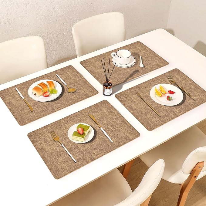 Faux Leather Placemats Set of 6, Heat Resistant Wipeable Washable Vinyl Place Mats, Waterproof Anti-Slip Dining Table Mats, Suitable for Indoor & Outdoor Use (Light Brown)