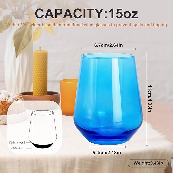 Blue Stemless Wine Glasses Set of 6, 15oz Drinking Glassware Dishwasher Safe, Wine Glass Tumblers for Red or White, Gift for Party, Holiday, Anniversary, Restaurant, Home Bar, Daily Use