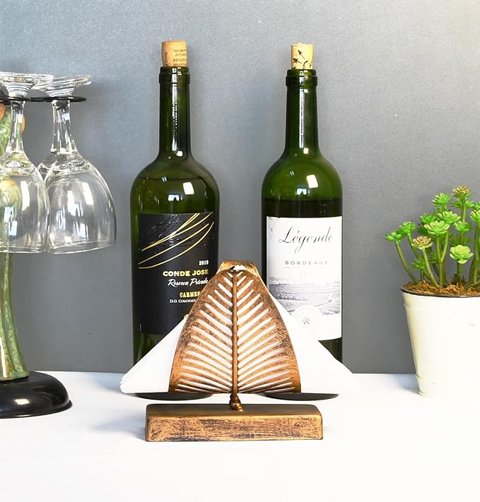 OwlGift Freestanding Modern Napkin Holder with Leaf Design, Tabletop Tissue Dispenser, Countertop Napkin Storage Organizer – Bronze
