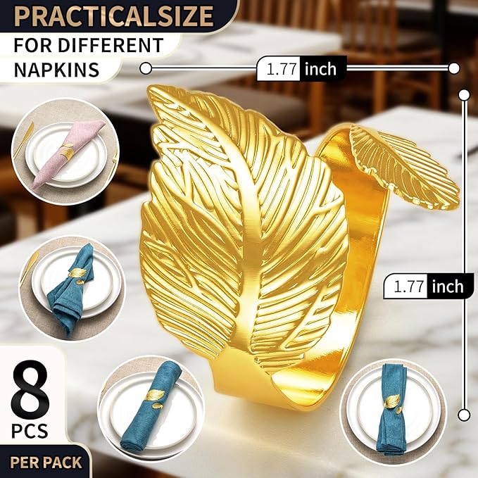 Gold Leaf Napkin Rings Set of 8,Metal Napkin Ring Holder Bulk for Holiday Party,Wedding,Banquet Elegant Table Setting,Classic Dining Room Decor (8)