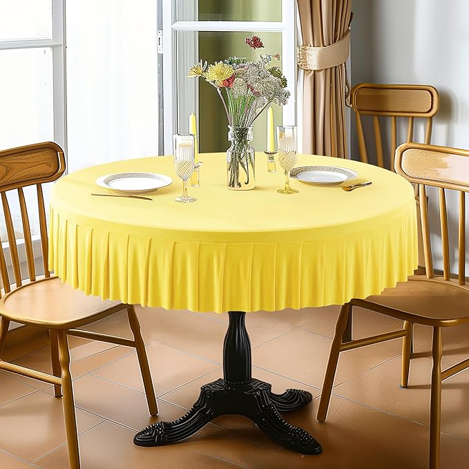 2 Pack Yellow Spandex Round Tablecloths for 72in Table, Stretchy Fitted 6FT Round Table Cloths, Wrinkle Free Table Cover with Skirt for Wedding Birthday Party Bridal Shower Banquet
