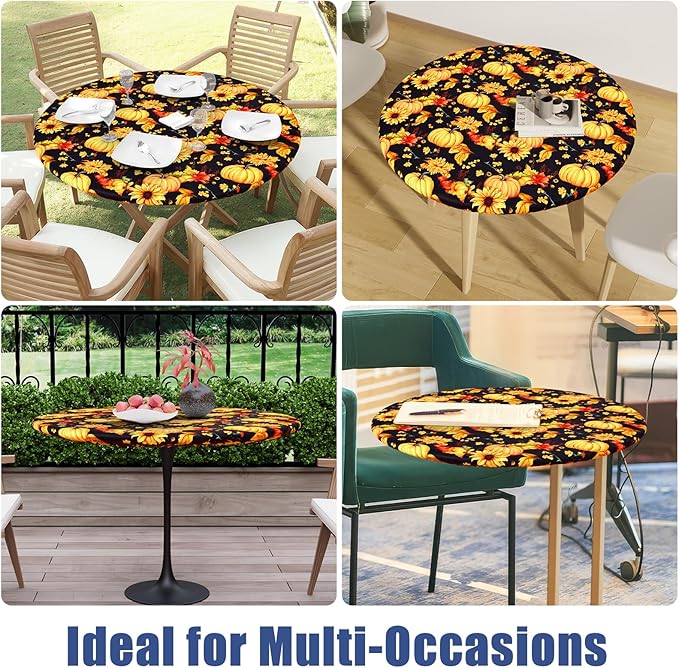 Round Spandex Thanksgiving Tablecloth, Elastic Fitted Waterproof Tablecloths for 57"-68" Tables, Stretch Washable Picnic Table Cover for Autumn Harvest Parties, Pumpkin Sunflower