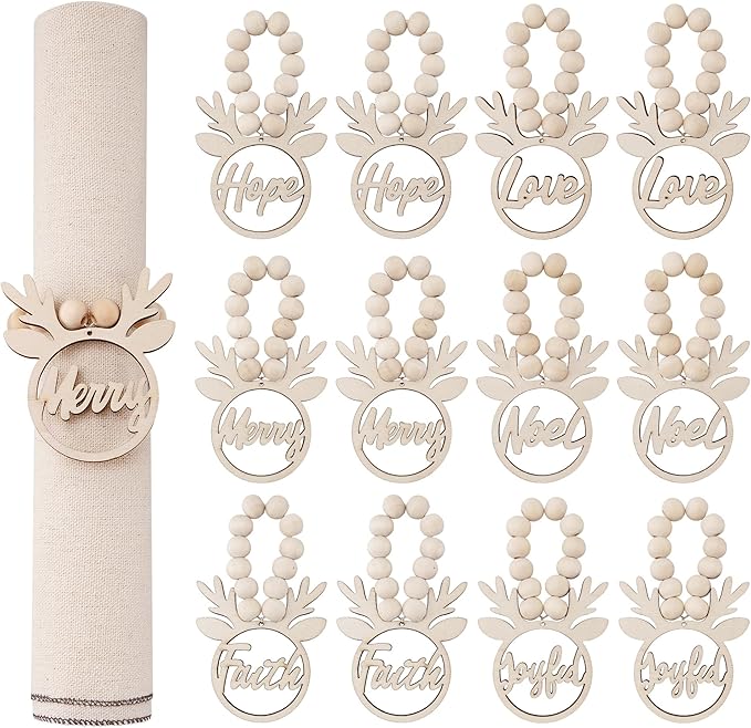 Christmas Napkin Rings Set of 12, Christmas Wooden Reindeer Napkin Rings for Winter Table Decorations, Wooden Farmhouse Napkins Holder for Xmas Holiday Wedding Party Home Ornaments