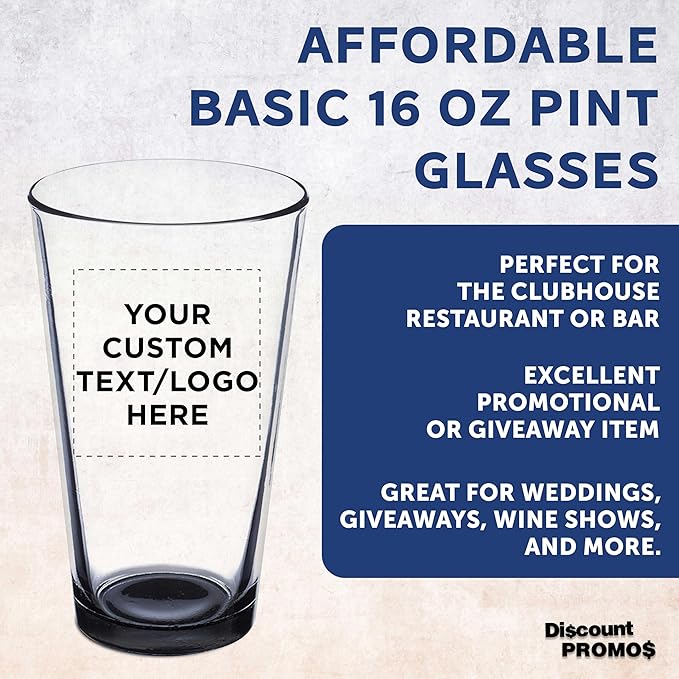 DISCOUNT PROMOS Custom Beer Pint Glasses 16 oz. Set of 10/50/100, Personalized Bulk Pack - Heavy Duty Glassware for Restaurant, Thick Base and Walls, Stackable - Black