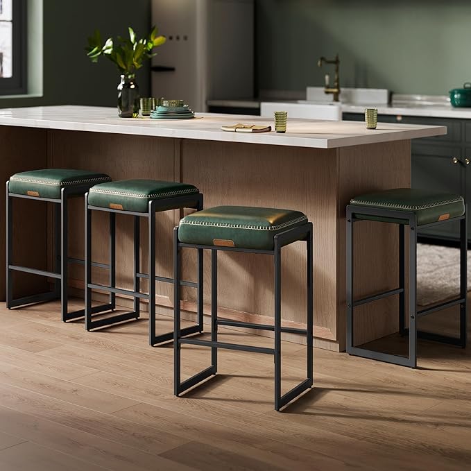 VASAGLE EKHO Collection - Bar Stools Set of 4, Counter Height Bar Stools, Synthetic Leather with Stitching, Mid-Century Modern Counter Stools, 26-Inch Tall, Kichen Home Bar Dining Room, Forest Green