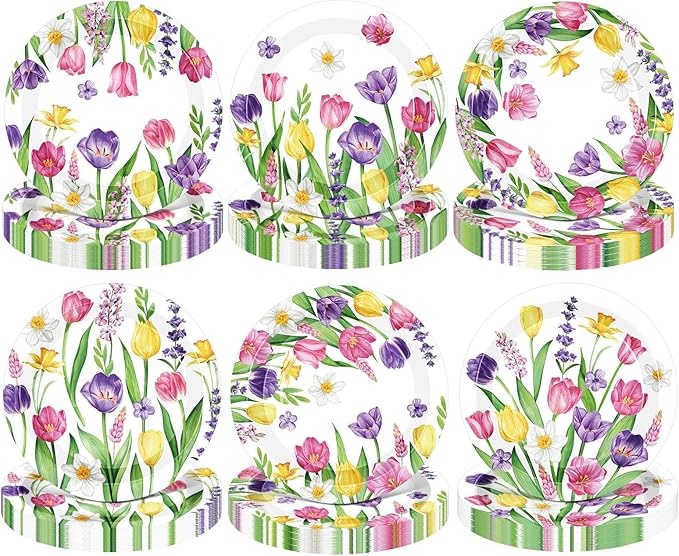 Umigy 120 Pcs Summer Tulip Floral Paper Plates 7 Inch Floral Party Decoration Plates, Summer Wild Flower Disposable Decorative Tableware for Birthday Wedding Baby Shower Tea Party Bridal Shower