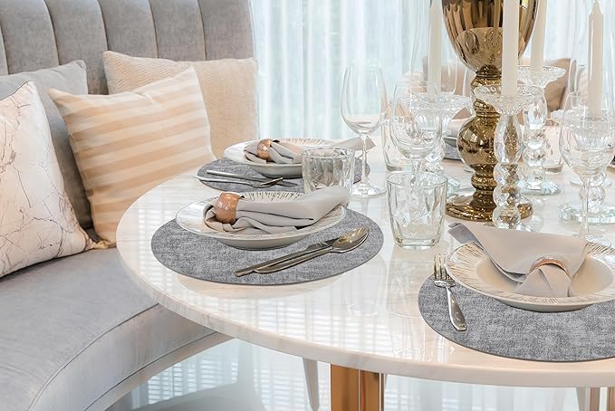 homing Round Faux Leather Placemat and Coaster 6 Packs, Washable Heat Resistant Dining Place Mats, Wipeable Double-Sided Table Mats for Indoor and Outdoor, Diameter 13 and 3.93 inch, Light Grey