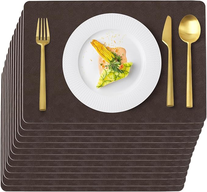 Vinyl Placemats Set of 12 Faux Leather 100% Waterproof Wipeable Washable Place Mats Heat Resistant Easy Clean Non-Slip Table Mats for Indoor Outdoor. (12,Coffee)