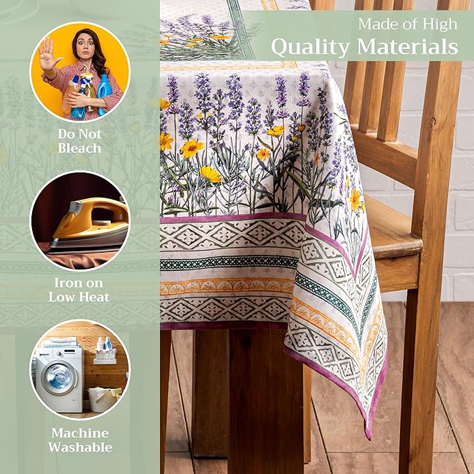 Maison d' Hermine Table Cloth Rectangle Table 100% Cotton 70 x 120 Inches Tablecloth Reusable Decorative for Dining Room Farmhouse Home Valentines Day Decorations Spring Summer - Fanny Lavender