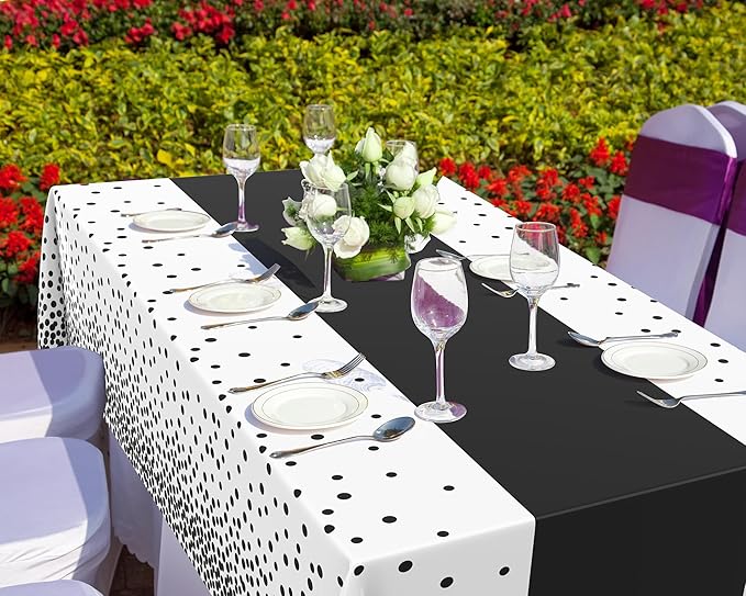 Oudain 6 Pcs White and Black Tablecloth for Parties Plastic Dot Tablecloths Printed Table Runner Waterproof Disposable Rectangle Table Cover for Christmas Birthday Wedding Party, 54" x 108"