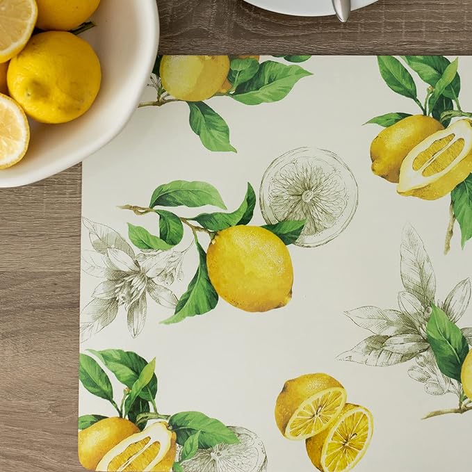 Benson Mills Cork Placemats Set of 4, Thick Cork Place Mats for Kitchen and Dining Tables, Easy Clean Table Mats (12" x 16" Rectangular Set of 4, Lemons)