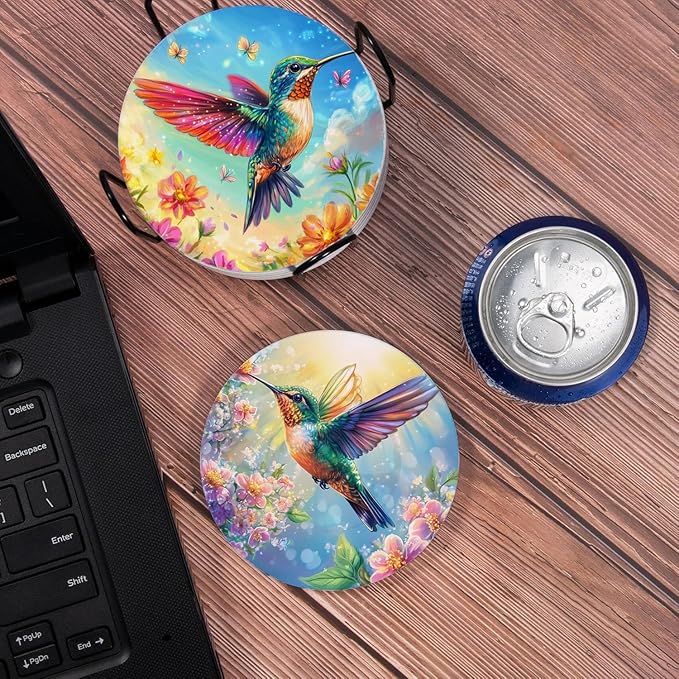Drink Coasters for Drinks Set of 6, Spring Hummingbird and Floral Blossom Absorbent Round Ceramic Stone Mat Coaster, with Cork Base and Metal Holder, Home Bar Decor House Warming Gift