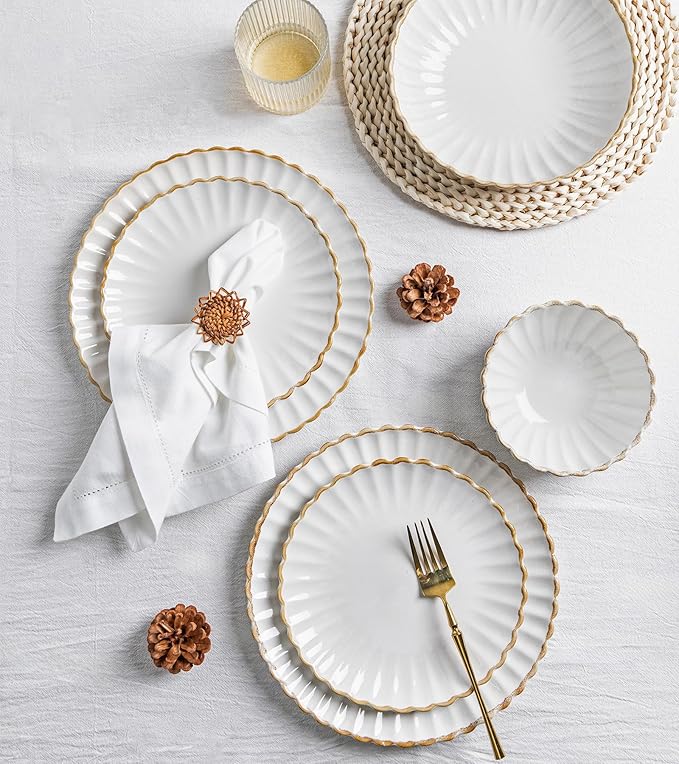 GBHOME Stoneware Dinnerware Sets for 4,Handcrafted Embossed Design Reactive Glaze Ceramic Plates and Bowls, Dishwasher and Microwave Safe, Service for 4(12pcs),Pearl White