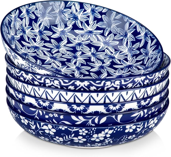 vancasso 50 oz Large Pasta Bowls Set of 6, Porcelain Serving Bowls, 9.5 Inch Wide Shallow Salad & Soup Bowls, Kitchen Pasta Plates, Microwave and Dishwasher Safe, Blue White Floral Design