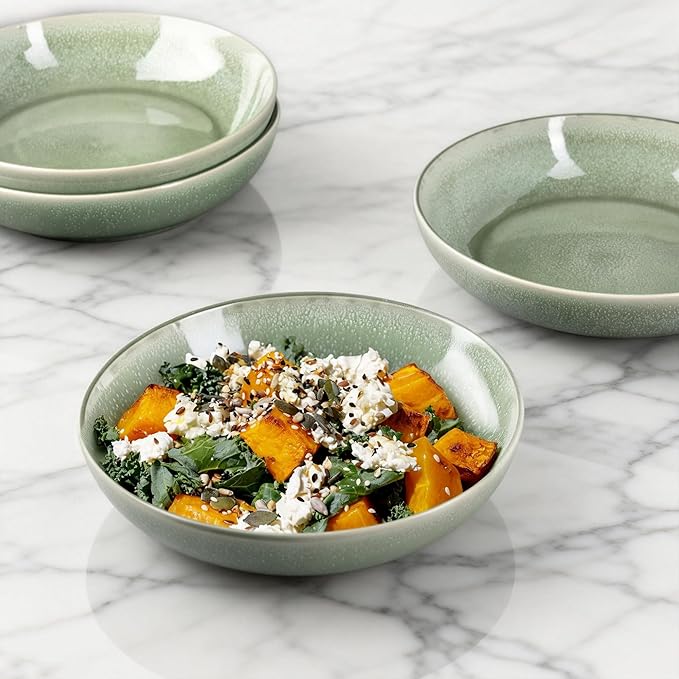 AmorArc 8.5'' Large Ceramic Pasta Bowls Set, 36oz Stoneware Bowls Set of 4 for Kitchen, Reavtive Glaze Bowls-Microwave,Dishwasher Safe for Pasta,Salad,Oatmeal-Olive Green