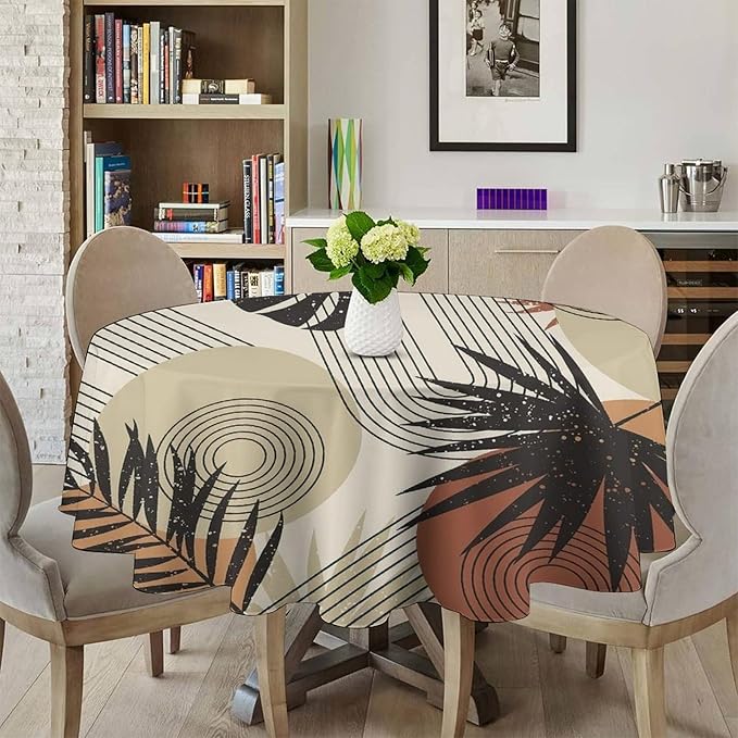 Boho Medieval Abstract Leaves Round Tablecloth, Mid Century Modern Bohemian Style Print Tablecloth for Home Party Dining Room Kitchen Decor 60Inch(152cm)