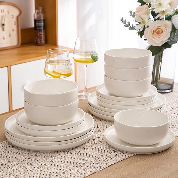 AmorArc Ceramic Dinnerware Sets, Wavy Rim Stoneware Plates and Bowls Sets,Dishwasher & Microwave & Oven Safe Dishes set, Service for 6 (18pc)-Matte Speckled White