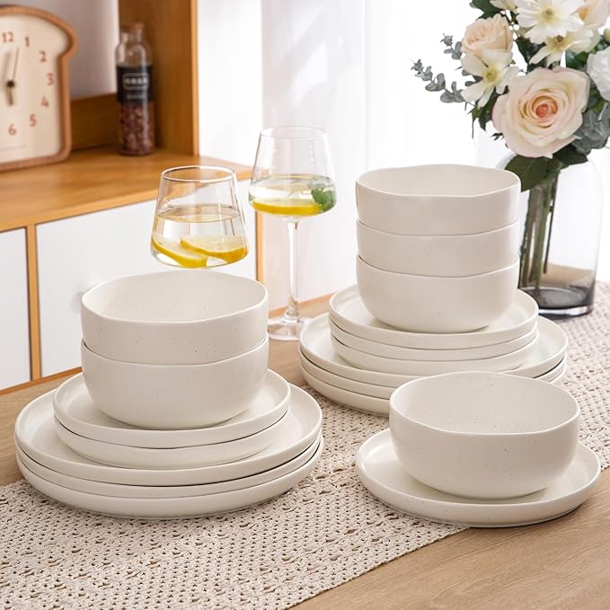 AmorArc Ceramic Dinnerware Sets, Wavy Rim Stoneware Plates and Bowls Sets,Dishwasher & Microwave & Oven Safe Dishes set, Service for 4 (12pc)-Matte Speckled White