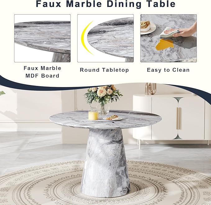 Round Dining Table Set for 6, 45" Modern Faux Marble Kitchen Table and Upholstered Chairs, 7 Piece Circle Dinner Set for Dining Room, Kitchen (Marble Gray Set)