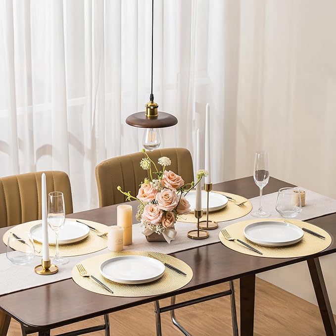 Jovono 15" Faux Leather Big Round Placemats Set of 8 - Washable Heat Resistant Non-Slip Dining Table Mats with Fabric Texture for Kitchen Home Party Wedding Decor, Gold