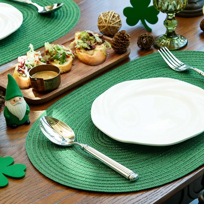 Noctiflorous Oval Braided Placemats Set of 4 Woven 12x18 Inch Non Slip Washable Heat Resistant Place Mats Round Tablemats for Dining Kitchen Party Daily Table Decor Dinner Mats (Green Shine, 4)