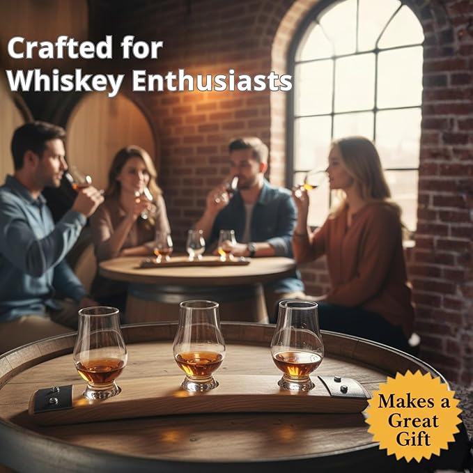 Barrel Stave Premium 3 Glass Whiskey Flight Serving Tray with Glencairn Glasses, Dark Walnut
