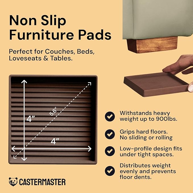 CasterMaster Non-Slip Furniture Pads for Hardwood Floors - 4" x 4" Brown Pack of 4 - Anti-Skid Rubber Caster Cups - Table Leg Protectors & Rubber Feet for Chairs