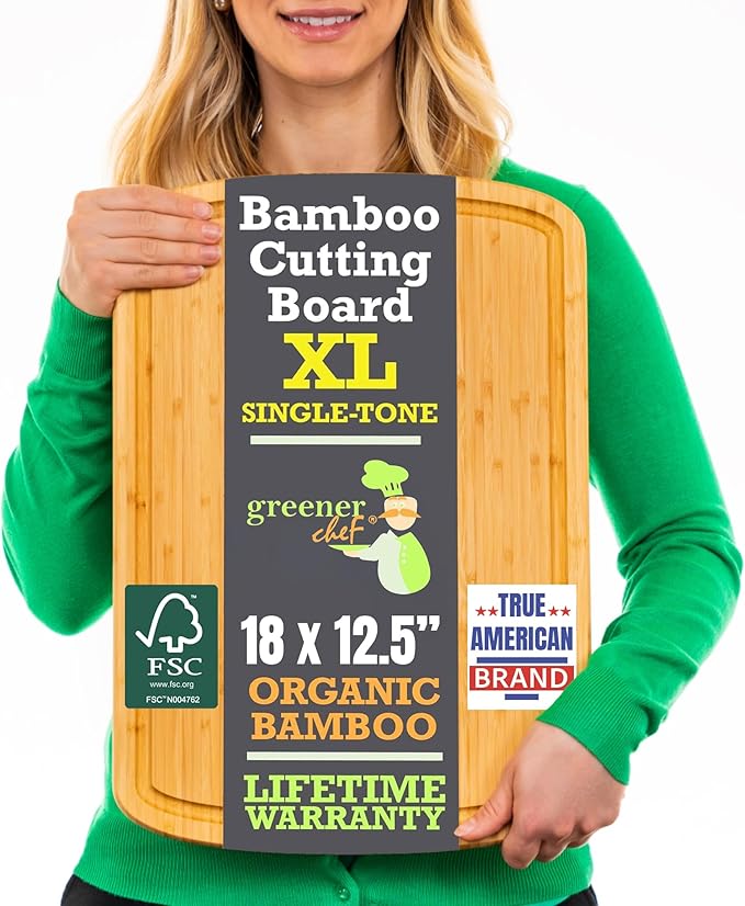 GREENER CHEF 18 Inch Extra Large Bamboo Cutting Board with Lifetime Replacements - Organic Wooden Butcher Block, XL Chopping Board for Kitchen, Meat, Vegetables, and Food Prep