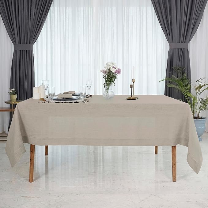D'Moksha Homes Natural Linen Tablecloth 60 x 156 Inch - 100% Pure Linen Natural Tablecloth for Rectangle Tables - Classic Hemstitch, Machine Washable Table Cloth for Valentines, Spring, Easter