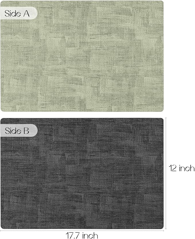 Romanstile Reversible Vinyl Placemats Set of 8, Faux Leather 100% Waterproof Oil-Proof Wipeable Place Mats, Heat Resistant Dual Sided Table Mats for Kitchen/Dining/Party (Grey Green, 12 x 17 Inch)