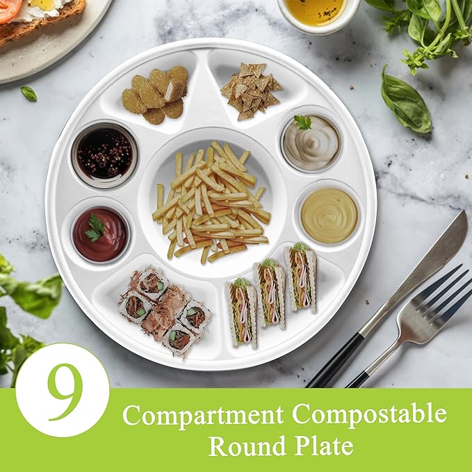 three leaf 9 Compartment Bagasse Round Plate, 200 Ct. Heavy-Duty- Super Strong- Natural- Eco-Friendly Disposable Bagasse Plates, 100% Biodegradable