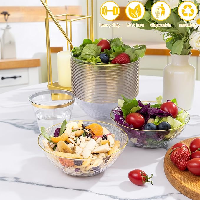 Rubtlamp 20 Pack Clear Disposable Bowls, Clear Plastic Bowls with Gold Rim, 12-16oz Premium Heavy Duty Plastic Dinner Bowls for Party, Wedding and Holiday