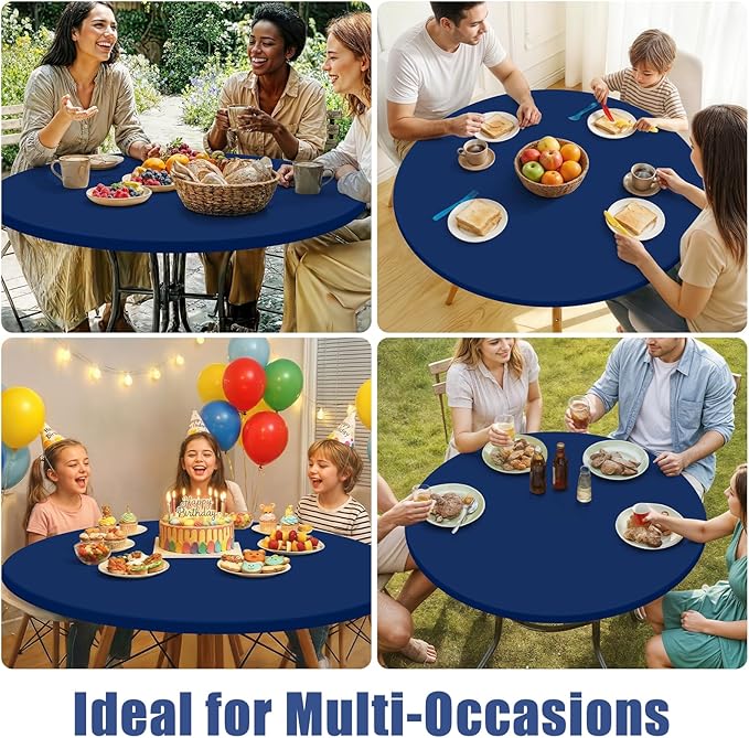 Round Spandex Tablecloth 2 Pack, Elastic Fitted Waterproof Tablecloths for 25"-30" Tables, Stretch Washable Picnic Table Cover for Camping, Dining, Indoor and Outdoor, Navy