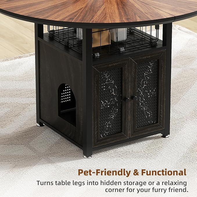47" Round Dining Table Set for 4-6 People, Large Farmhouse Kitchen Dining Table Set with Chairs and Storage Rack, Metal Base Round Table for Home Dining Room Living Room (Cat table and 4 black chairs)