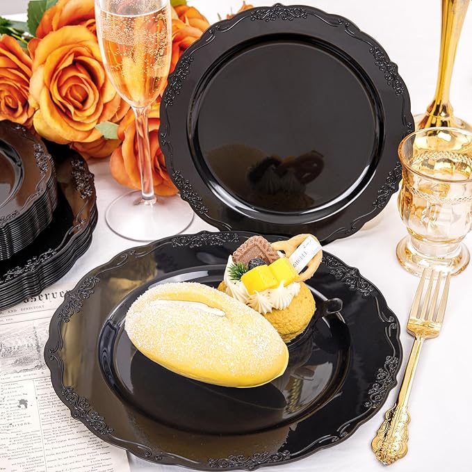 DaYammi 150Pcs Black Plastic Plates & Gold Plastic Silverware,Black Disposable Plates Set Include 30 Dinner Plate, 30 Dessert Plate,30 Golden Knives,30 Gold Forks,30 Golden Spoons for Party Wedding