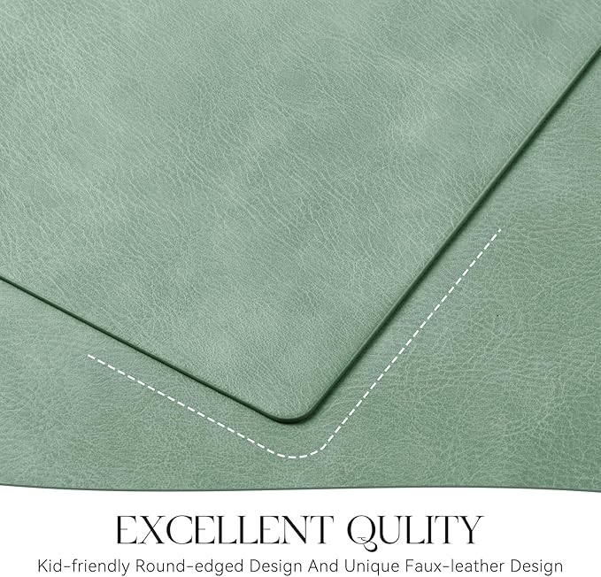 MOSAYT Vinyl Placemats Set of 6-12 X 17 Inch - Faux Leather 100% Waterproof Oil-Proof Wipeable PU Place Mats, Heat Resistant Reversible Table Mats for Kitchen, Dining, Outdoor (Green)