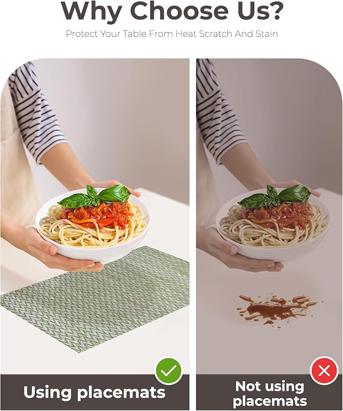 Leetaltree Green Placemats Set of 4 - Heat Resistant Non-Slip Place mats for Dining Table, Washable Durable PVC Vinyl Woven Table Mats（Green Zigzag, 4）
