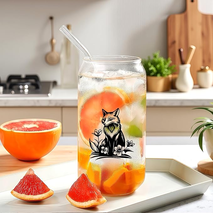 Cute Fox Glass Cup With Lids And Straws, Fox Gift For Women, Iced, Coffee, Smoothie, Cocktail, Beer, Whiskey, Soda, Matcha,16 Oz, Home Office Table Desk Decoration!