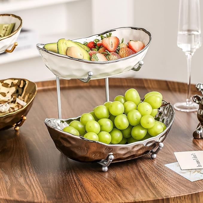 2-Tier Fruit Bowls for Kitchen Counter,Ceramic Bowl with Silver Metal Stand,2 Tier Fruit Basket for Fruit,Snack,Cake,Nuts,Dessert Space Saving Storage