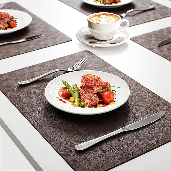 Vinyl Placemats Set of 4 Faux Leather 100% Waterproof Wipeable Washable Place Mats Heat Resistant Easy Clean Non-Slip Table Mats for Indoor Outdoor. (4,Coffee)