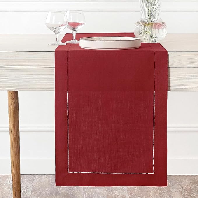 D'Moksha Homes Linen Red Table Runner 72 Inches Long - 100% Pure Linen Hemstitch Table Runner 14 x 72 Inch for Dresser, Dining, Valentines, Spring - Classic Hemstitch